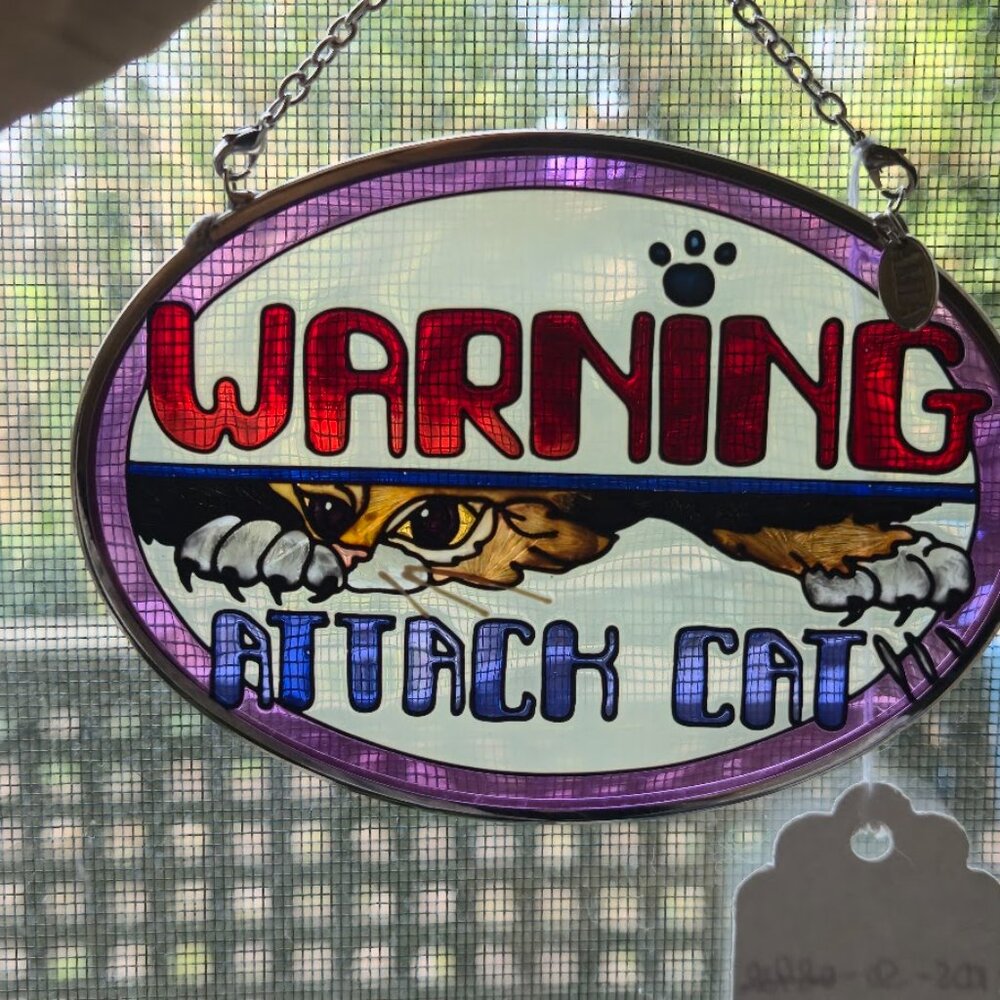 Vintage AMIA "WARNING ATTACK CAT" Suncatcher Hand Painted Glass In Box 4.5